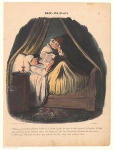 Mand læser i sengen med sin kone ved siden af Ægteskabsvaner (serietitel) Moeurs conjugales (serietitel på objekt) af Honoré Daumier