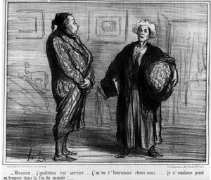 Mossieu, jeg forlader din tjeneste... Jeg ønskede ikke at være i verdens ende!... Tegning af Honore Daumier (1808-1879). "Charivari" af Honoré Daumier
