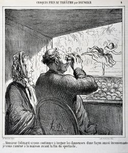 Mr. Colimard, hvis du fortsætter med at se på danserne på sådan en upassende måde, vil jeg tage dig med hjem inden showet slutter. Gravering af Honore Daumier (1808-1879) i "" Le Charivari". Arkstørrelse: 24,6x36cm. Palais Longchamp, Musee des Beaux Arts d af Honoré Daumier