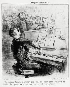 Musikalske sketcher: en herre, der gerne vil bevise, at han samtidig kan synge og røre ved klaveret, hvilket er meget skændt. Illustration af Honore Daumier (1808-1879), udgivet i "" Charivari"", dato 17. februar 1852. af Honoré Daumier