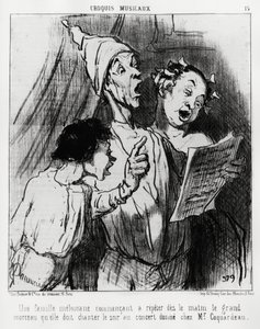 Musikalske sketches: en melomanisk familie, der om morgenen begynder at gentage den store sang, de skulle synge om aftenen ved koncerten, gav hr. Coquardeau. Illustration d