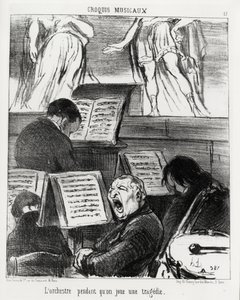 Musikalske sketcher: orkestret mens du spiller en tragedie. Illustration d