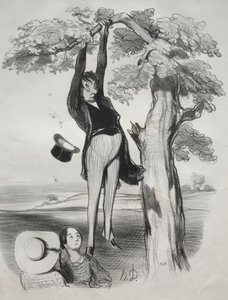 Pastorales, plade 2: Farerne ved at ryste et blommetræ for kraftigt..., 1845. af Honoré Daumier