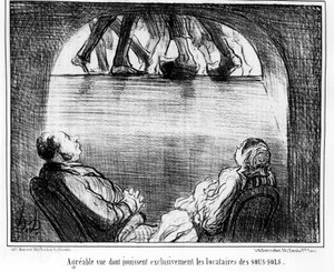 Behagelig udsigt, som udelukkende nydes af lejerne i kældrene, taget fra "" Tenants et Owners"", tegneserieserie af Honore Daumier (1808-1879). “Charivari” af Honoré Daumier