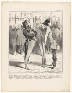 Robert-Macaire i samtale med Bertrand for vinduet i en trykkeri Caricaturana (serietitel på objekt) af Honoré Daumier
