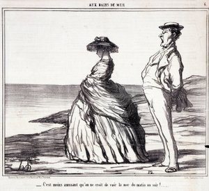 Serie “” Les Bains de Mer””: “” Det er mindre sjovt, end du tror, at se havet fra morgen til aften! "" Tegnefilm om turister på ferie. Gravering af Honore DAUMIER (1808-1879). Uddrag fra avisen "" Le Charivari"" 9. september af Honoré Daumier
