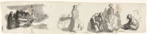 Studieark med en gruppe af fire figurer til højre recto skitser af forskellige figurer vers af Honoré Daumier