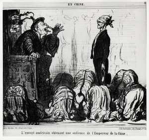 Den amerikanske udsending får audiens fra kejseren af Kina. I serie En Chine, illustration af Honore Daumier (1808-1879), udgivet i "" Charivari"", dateret 21. oktober af Honoré Daumier