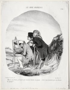 The Good Bourgeois, tavle 23: "Men ja, min kære, jeg forsikrer dig om, at denne herre tegner et landskab... er det ikke sådan, sir, at du tegner et landskab?" (Les bons bourgeios, planche 23: Mais si, ma femme...monsieur dessine un paysage..) af Honoré Daumier