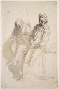To Saltimbanques, ca. 1865-73 (sort-grå blæk, grå vaske på papir) af Honoré Daumier
