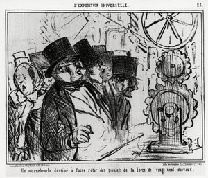 Universel udstilling: en drejeskive designet til at stege kyllinger med styrken på niogtyve heste. Illustration af Honore Daumier (1808-1879), offentliggjort i nyhederne, "" Charivari", dateret 20. juli 1855. af Honoré Daumier