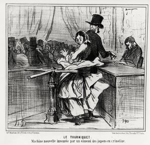 Universel udstilling: vendekorset: en ny maskine opfundet af en fjende af krinolinunderkjoler. Illustration d