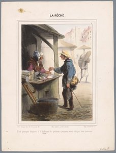 Visser koopt vis in de markthal Det er næsten altid på markedet (...) (titel på objekt) Vissers (serietitel) Fiskeri (serietitel på objekt) af Honoré Daumier