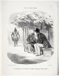 Hvad du vil, plade 51: Jeg undrer mig ikke over, at kvinder altid er glade for militæruniformen, 1848. af Honoré Daumier