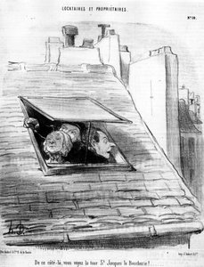 Fra denne side ser du St. Jacques Tower The Boucherie! ..., hentet fra “” lejere et ejere ”, tegneserieserie af Honore Daumier (1808-1879). “Charivari” af Honoré Daumier