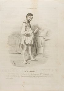 (Han læser et brev) "En date, kunne det være fra den søde Mme Giraud Ja, men det kunne også være fra hendes mand, som gerne vil knibe mig...", plade 8 fra Coquetterie af Honoré Victorin Daumier