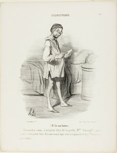 (Han læser et brev) "En date, kunne det være fra den søde Mme Giraud Ja, men det kunne også være fra hendes mand, som gerne vil knibe mig...", plade 8 fra Coquetterie af Honoré Victorin Daumier