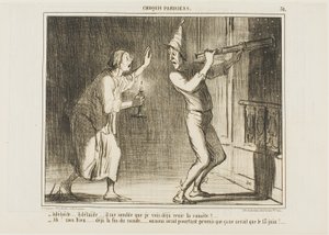 "- Adelaide, Adelaide... Jeg tror, jeg kan se kometen komme!!... - Åh min Gud... dette er verdens ende.... hvor irriterende. De lovede, at den ikke ville komme før 13. juni!", plade 31 fra Croquis Parisiens af Honoré Victorin Daumier
