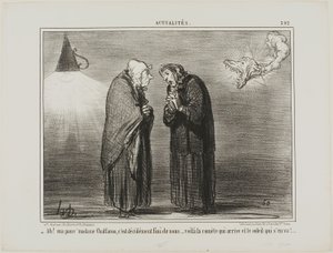 "- Ah, min kære Madame Chaffarou ... dette må helt sikkert være enden ... kometen kommer, og solen går ned," plade 392 fra Actualités af Honoré Victorin Daumier
