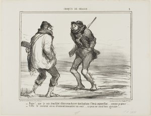 "- Brrrr! Jeg er rasende over, at jeg kom her for at jage på St. Denis-sletten. Det er bare for koldt!... - En af de dage, hvor man ville elske at fange en bjørn. Hans pels ville være mere end velkommen lige nu!", plade 3 fra Croquis De Chasse af Honoré Victorin Daumier