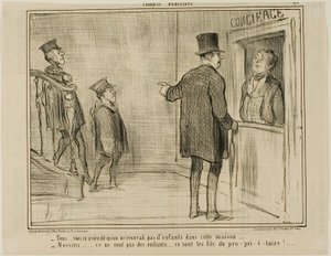 "- Men du fortalte mig, at børn ikke er tilladt i dette hus... - Sir, det er ikke børn... det er ejerens sønner!...," plade 23 fra Croquis Parisiens, - par Daumier af Honoré Victorin Daumier