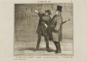 "- Kan du se kometen ... lige der, på min fingerspids ... tab ikke min fingerspids af syne!", plade 5 fra La Comète De 1857 af Honoré Victorin Daumier