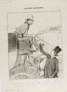 "- Kusk, er du booket - Nej, borger. - Nå, men så..: "vil du hellere acceptere at blive rådgivet end at blive lejet ud"," plade 49 fra Émotions Parisiennes af Honoré Victorin Daumier
