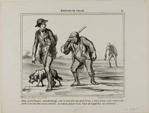 "- Kom, kom, hr. Pomard ... hold humøret oppe ... kun to kilometer mere, så kan vi hvile ... - Sikke et held, vi fik ikke noget med hjem ... Jeg ville ikke engang have kræfter til at bære en agerhøne", plade 21 fra Émotions De Chasse af Honoré Victorin Daumier