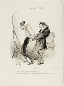 "- Nok, nok, det er alt for stramt!!! - Men slet ikke, Monsieur, dette stof passer dig som fod i hose!", plade 5 fra Coquetterie af Honoré Victorin Daumier