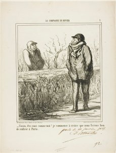"- Hej, nabo, er du ligesom mig Jeg begynder at tro, at vi ville have godt af at vende tilbage til Paris," planche 1 fra La Campagne En Hiver