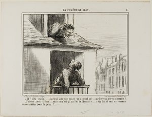 "- Goddag, nabo ... hvad var det for noget råberi ... så du kometen - Jeg troede, jeg havde set den derovre ... men så var det bare ilden fra en skorsten ... denne gang slap vi kun med en forskrækkelse," planche 3 fra La Cométe De 1857 af Honoré Victorin Daumier