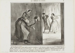 "- Hej, Baptiste, hvad er det, de to har råbt den sidste time ... Jeg er sikker på, at de skændes! - Åh nej, de laver sådan nogle sjove bevægelser, det er hylende morsomt ... Jeg har det: De øver sig på en tragedie, som de vil opføre til Madame Follemèches af Honoré Victorin Daumier