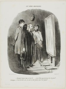 "- Hvordan finder du denne helgen der.... Jeg prøvede ikke at få ham til at se for konventionel ud.... Den borgerlige: - Jeg er helt enig, en helgen bør aldrig se kortluntet ud," plade 80 fra Les Bons Bourgeois af Honoré Victorin Daumier