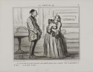 "- Jeg er ikke bange for mig selv, men hvis jeg tænker på stakkels Azor, der vil omkomme den 13. juni ... knuser det simpelthen mit hjerte," planche 8 fra La Cométe De 1857 af Honoré Victorin Daumier