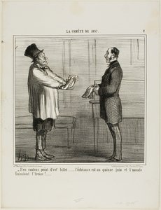 "- Jeg vil ikke have dine kreditter ... udløbsdatoen er den 15. juni, og det er meningen, at verden skal gå under den 13.", planche 2 fra La Cométe De 1857 af Honoré Victorin Daumier
