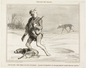 "- Jeg undrer mig over, hvorfor dette bæst følger efter mig hele tiden... Jeg betaler gerne 6 sous for at hoppe på en bus," plade 1 fra Émotions De Chasse af Honoré Victorin Daumier