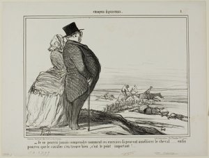 "- Jeg kommer aldrig til at forstå, hvordan disse øvelser skal forbedre en hests tilstand.... det eneste, der virkelig tæller, er, at rytteren har det godt," plade 1 fra Croquis Équestres af Honoré Victorin Daumier
