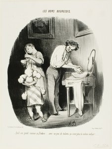 "- Er han ikke sød sådan, Dodore ... med lidt oprydning er han bare ikke det samme barn længere!...," plade 37 fra Les Bons Bourgeois af Honoré Victorin Daumier