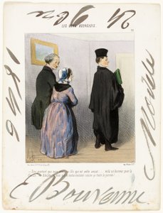 "- Er det ikke vidunderligt at have en søn, der er advokat ... hvilken ære for familien ... Adolph, jeg vil have, at du skal være klædt sådan hele dagen!...," plade 21 fra Les Bons Bourgeois af Honoré Victorin Daumier