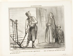 "- Det er nytteløst at vise dig min lejlighed. Vi lejer ikke ud til mødre med børn," planche 1 fra Les Portiers De Paris af Honoré Victorin Daumier