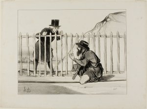 "- Se bare der! Toget, der er ved at passere, er heldig at have en smal flugtvej......det hele ville være eksploderet, hvis jeg ikke havde opdaget det i tide.... - Hvad er det så, hvad er det - Det er indlysende, en nål er blevet placeret lige på skinnen.. af Honoré Victorin Daumier