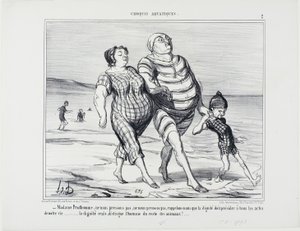 "- Madame Prudhomme, lad os ikke skynde os, lad os huske, at værdighed bør præge alle livets handlinger ... værdighed alene adskiller mennesket fra resten af dyrene," plade 2 fra Croquis Aquatiques af Honoré Victorin Daumier