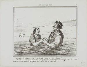 "- Hr. livredder.... er det sandt, at der er hajer i Dieppe - Selvfølgelig ... men det er ret enkelt ... så snart du ser en komme for at spise dig, skal du bare lægge dig ned på siden. Han vil ikke spise dig af frygt for at blive kvalt", tallerken 1 fra Au af Honoré Victorin Daumier