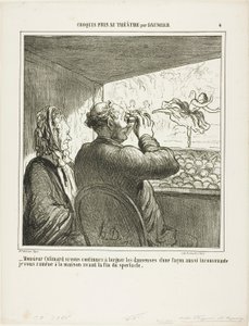 "- Hr. Colimard, hvis du ikke straks holder op med at kigge på danserne på en så upassende måde, tager jeg dig med hjem, før forestillingen er slut!", plade 4 fra Croquis Pris Au Théatre par Daumier af Honoré Victorin Daumier