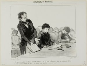 "- Nu forstår jeg, hvorfor denne fyr var så stille hele tiden..... i stedet for at læse stille og roligt i sin græske ordbog, hengav han sig til en roman af de Kock.... Åh gud.... hvor skal det hele ende!!," planche 22 fra Professeurs Et Moutards af Honoré Victorin Daumier