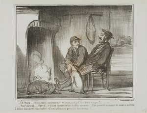 "- Hvad nu Skal vi fortsætte med at jage i regnvejr - Nej, slet ikke! Dyrene er lige så bange for regnen, som vi er. De vil måske ikke kunne finde dette skjul, og vi vil ende med at miste alt for mange af dem!", plade 5 fra Croquis De Chasse af Honoré Victorin Daumier