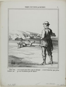 "- Åh gud! .... det er igen min egen hund, jeg har skudt..... det er den tredje på to år.... Jeg er virkelig ikke særlig heldig til at jage!", plade 6 fra Croquis D