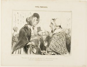 "- Åh, her er du..... hvad har du der..... - Lad os ikke tale om det.... vi får gæster, og jeg har lige handlet ind," plade 6 fra Types Parisiens af Honoré Victorin Daumier