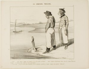 "- Vores båd har sluppet ankeret og er drevet væk.... vi sidder fast på denne ensomme ø som Robinson Crusoe... og uden noget at spise og ingen papegøje... - Det er sandt.... og jeg ved virkelig ikke, hvad jeg skal spise, når jeg først har fortæret dig, sta af Honoré Victorin Daumier