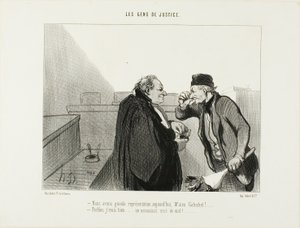 "- Det burde blive en god forestilling i dag, hr. Galuchet... - Det skulle jeg mene... En mordsag med en voldtægt oveni...", plade 31 fra Les Gens De Justice af Honoré Victorin Daumier